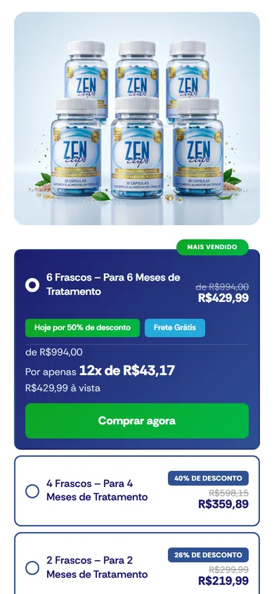 O mesmo bloco no celular, com a foto dos seis potes em cima e, abaixo, o cartão do kit de seis frascos aberto com preço, parcelamento e o botão Comprar agora