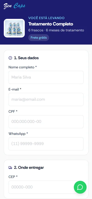 O mesmo checkout no celular, com a faixa do kit no topo e a etapa Seus dados com um campo grande por linha