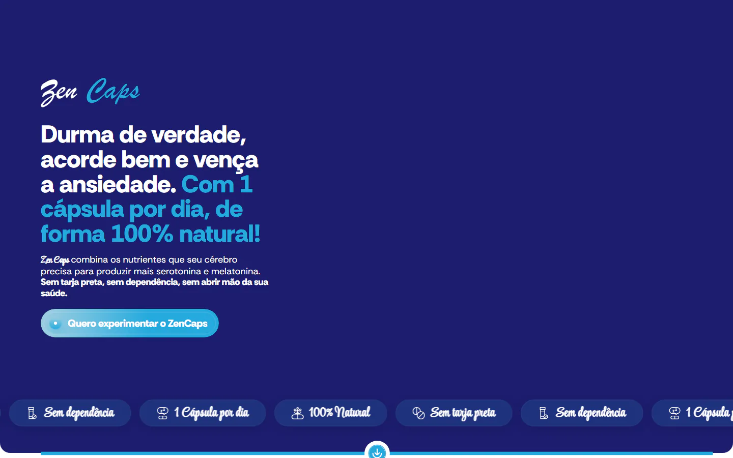 Landing page ZenCaps para suplemento voltado a sono e bem-estar