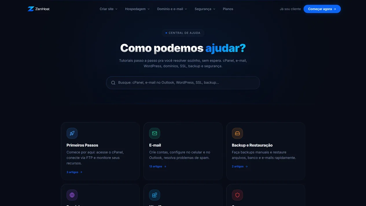 Topo da Central de Ajuda da ZenHost, com o título “Como podemos ajudar?”, o campo de busca e os cartões das categorias Primeiros Passos, E-mail e Backup e Restauração, cada um com o número de artigos