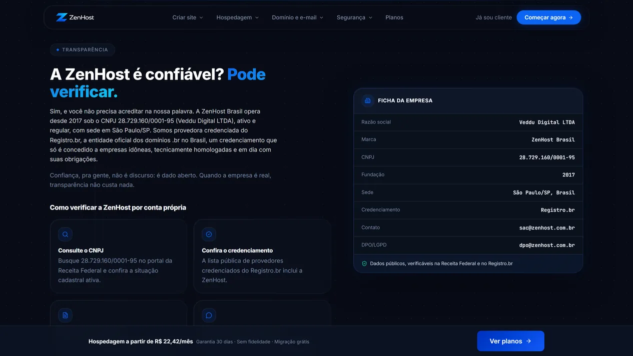 Seção Transparência da página Sobre da ZenHost, com o título “A ZenHost é confiável? Pode verificar.”, o texto com CNPJ e sede, os cartões Consulte o CNPJ e Confira o credenciamento e, à direita, o painel Ficha da empresa