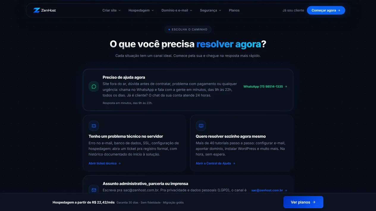 Página de contato da ZenHost na seção “O que você precisa resolver agora?”, com os cartões Preciso de ajuda agora, com o link do WhatsApp, Tenho um problema técnico no servidor, Quero resolver sozinho agora mesmo e Assunto administrativo, parceria ou imprensa