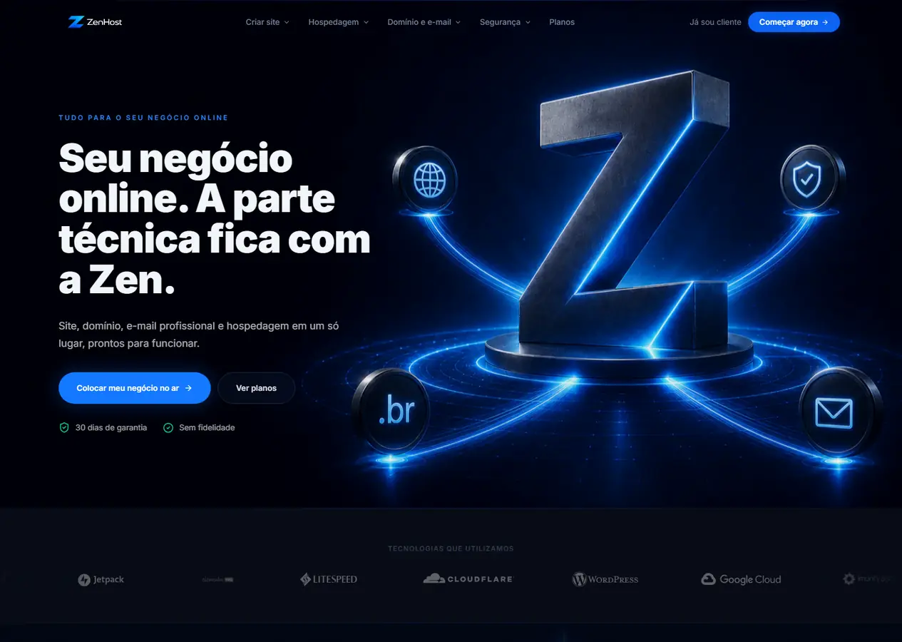 Página inicial completa da ZenHost, do Z metálico ligado a quatro módulos até o rodapé, com as três portas de entrada, o criador de sites com IA, um dia de operação, o painel do cliente, os planos Presença, Performance e Escala e as perguntas frequentes