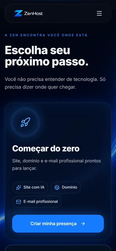 A mesma seção no celular, com o cartão Começar do zero no topo e os chips Site com IA, Domínio e E-mail profissional em duas linhas