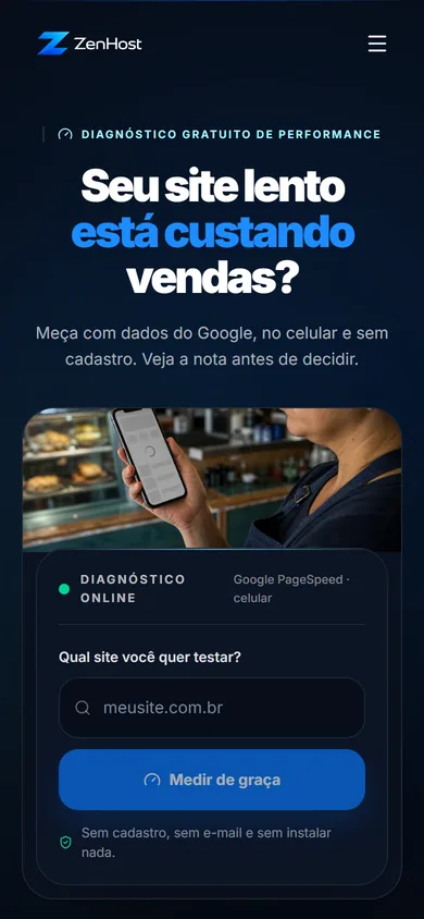 A mesma página no celular, com o título centralizado e a foto e o medidor empilhados até o botão Medir de graça