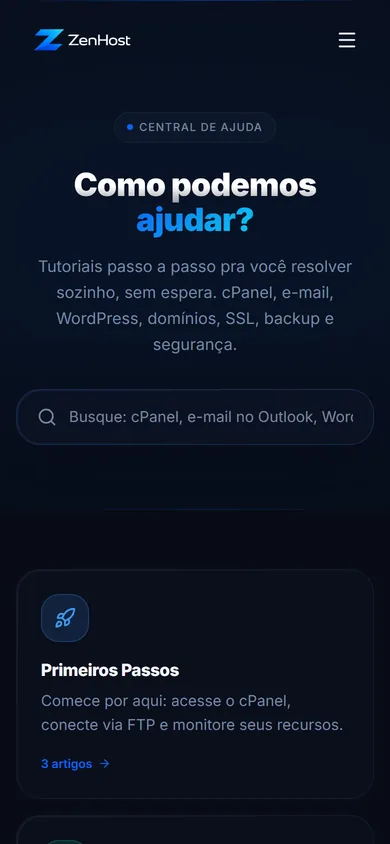 A Central de Ajuda no celular, com a busca na largura da tela e o cartão Primeiros Passos em coluna única