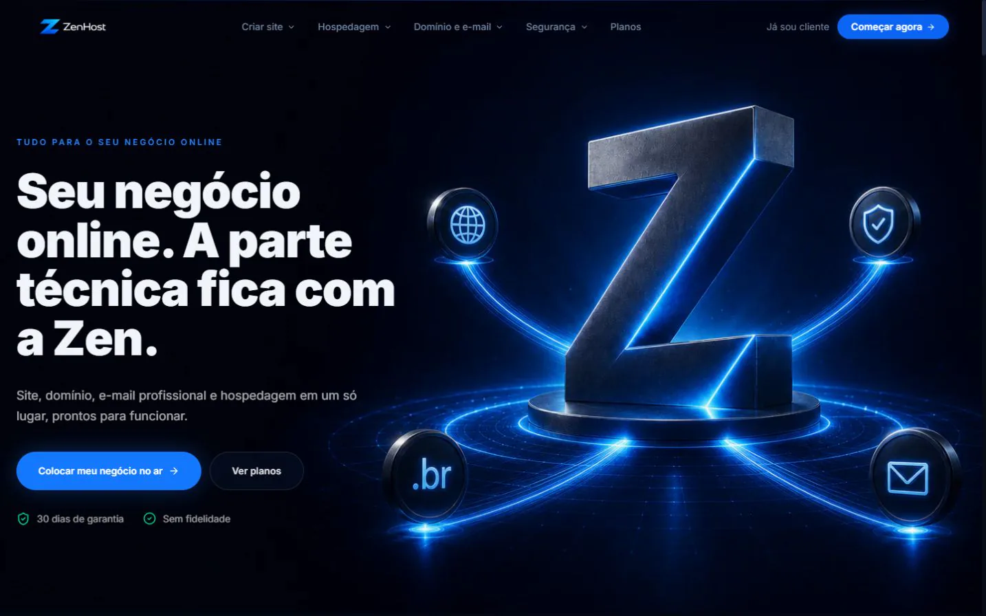 Site da ZenHost apresentando hospedagem, infraestrutura digital e atendimento