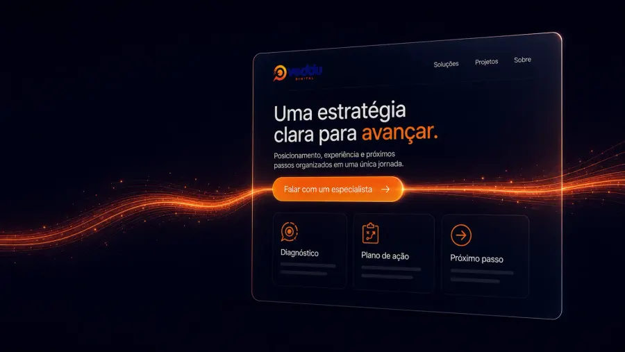 Interface conceitual da Veddu que organiza diagnóstico, plano de ação e próximo passo para apoiar uma decisão