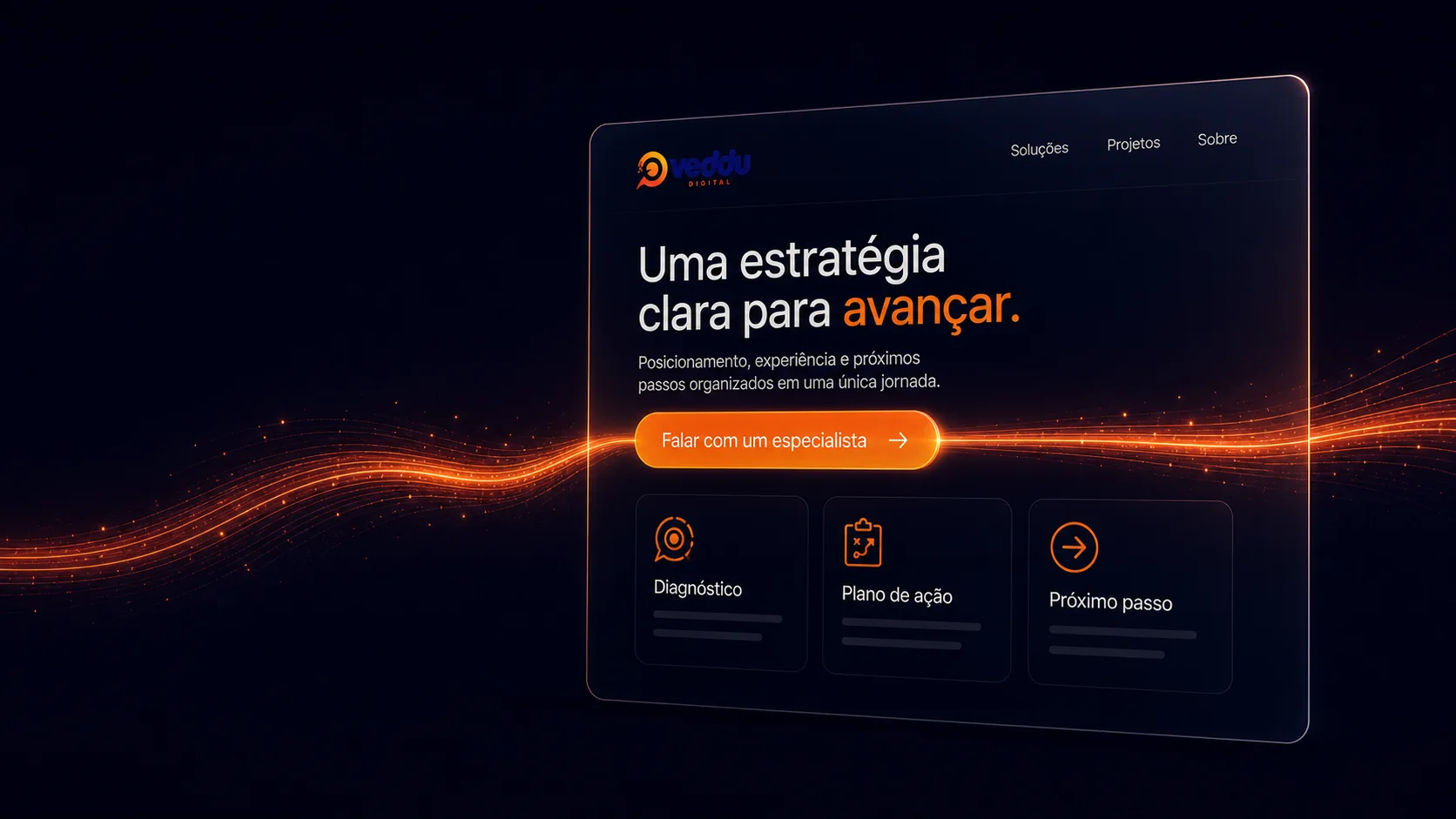 Interface conceitual da Veddu que organiza diagnóstico, plano de ação e próximo passo para apoiar uma decisão